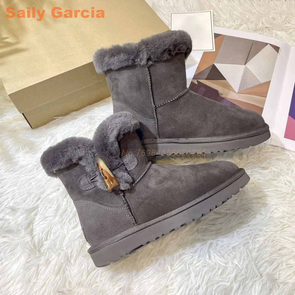 Wool Warm Boots Real Leather Flat Solid Horn Button Cute Women Winter Boots Thick Hot Soft Sole High Quality Round Toe Daily