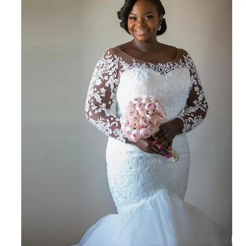 Customized African Nigeria Black Girls Plus Size Wedding Dresses Lace Bridal Party Gown Long Sleeves Women Tulle Gowns