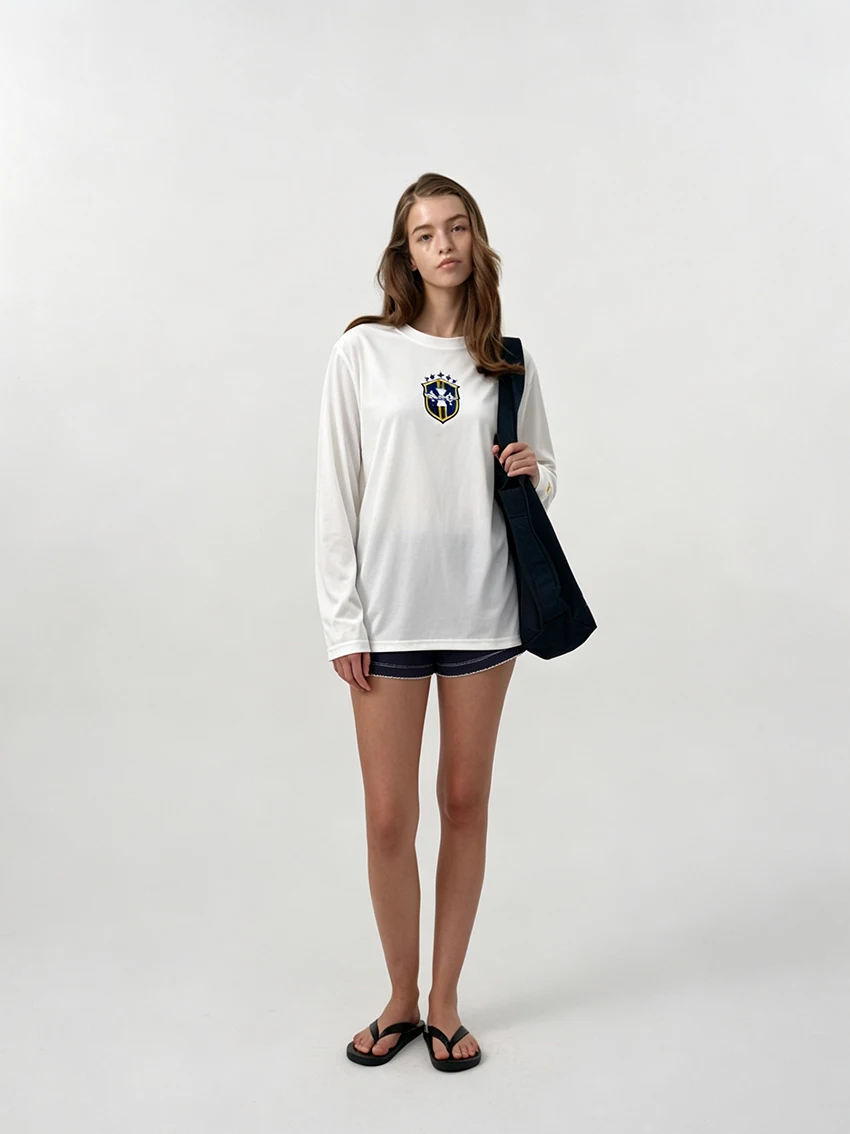 Ladies Y2K Aesthetics Crew Neck Long Sleeve Tee Brazil Shield Embroidery Back Letter Print Casual Daily Sport Streetwear T-shirt