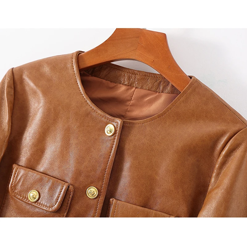 M-3XL Retro Oily Wax Yellow Women Real Leather Jacket Casual Single-breasted Pocket Female O-neck First Layer Sheep Short Jacket