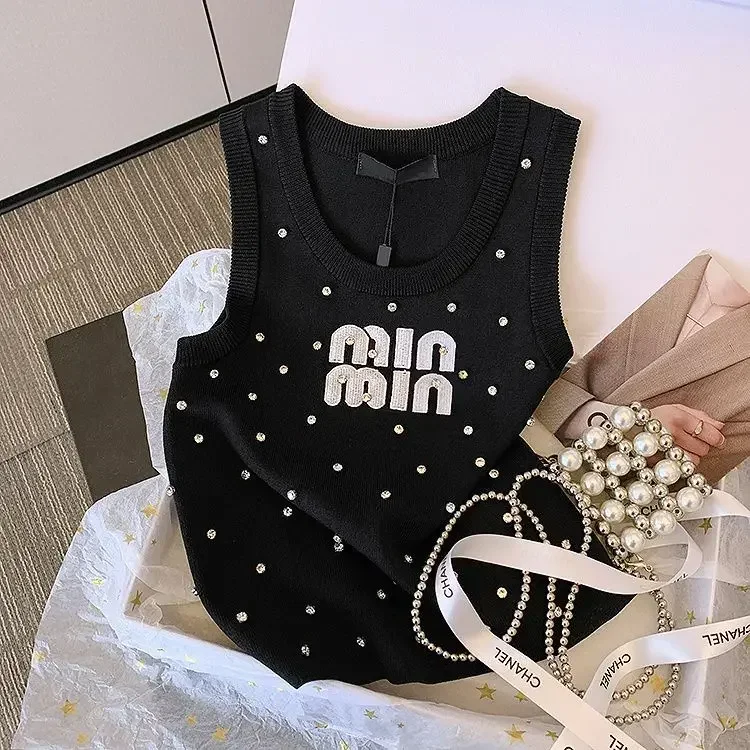 Women Top Beaded Letters Embroidered Vest Sling Women Summer 2024 New Slim Sleeveless T-shirt