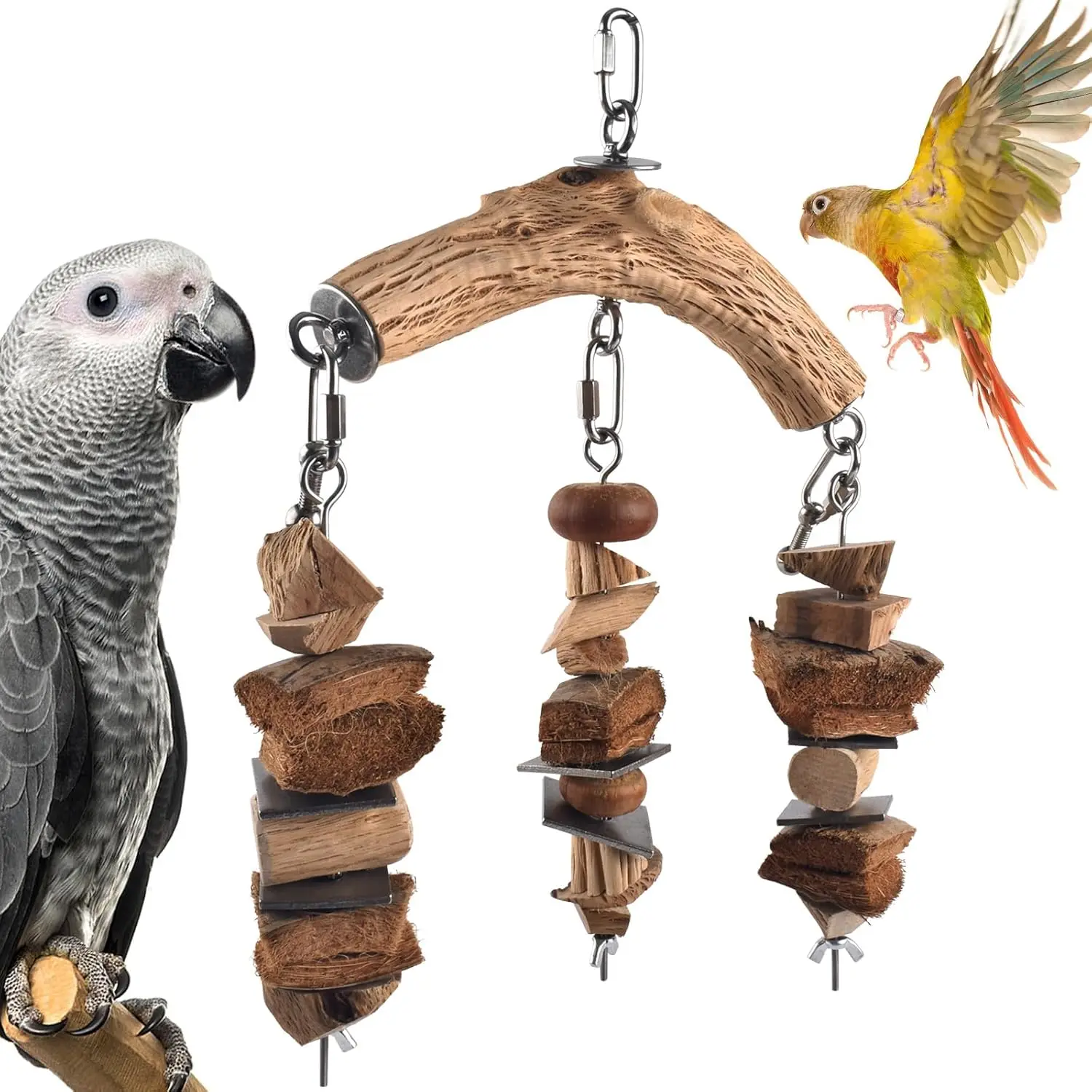 

Bird Parrot Toys, Large Birds Wooden Chew Blocks with Stainless Steel Cage Hanging Bite Toy for Macaws, African Greys, Cokatoos