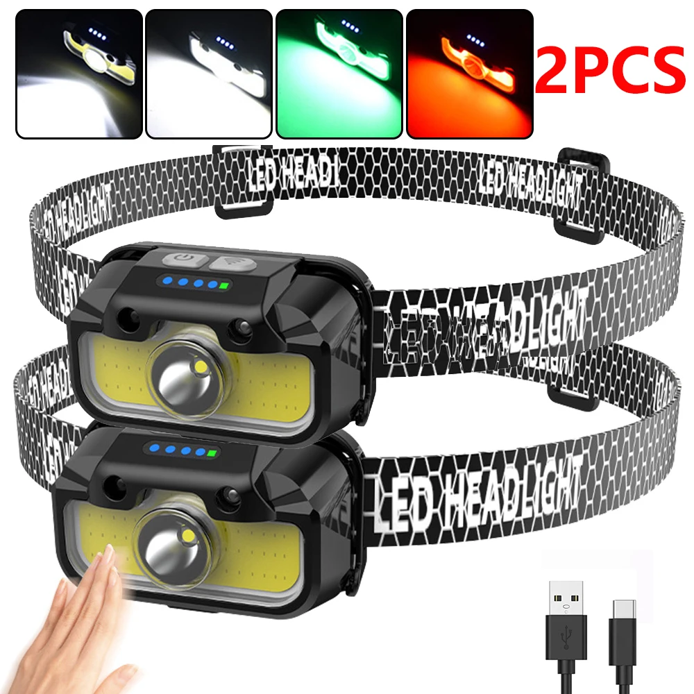 Portable 4 Colors COB Headlamp USB LED Headlight 14 Modes Head Torch Handfress Motion Sensor Headlamp Fishing Camping Lantern