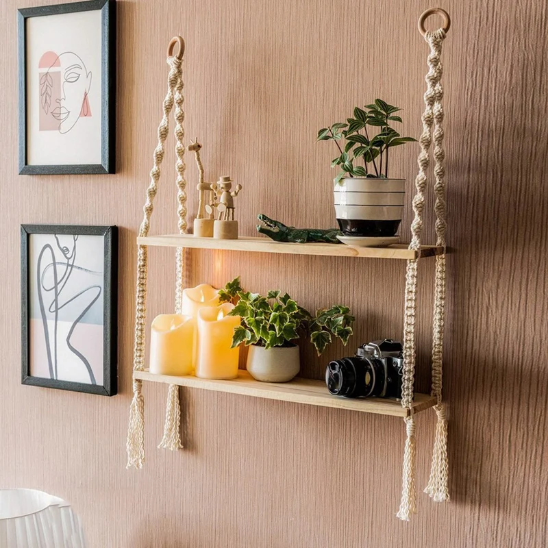 Wooden Wall Shelf Decoration Wall Mounted Shelves For Bedroom Plant Flower Wood Swing Hanging Rope Home Decoration