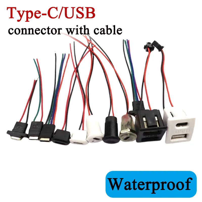 Type-C/USB Cable with Waterpro Female Connector for DIY Repair Data Charging Port Testing Wire Bonding Double-layer USB Connecto