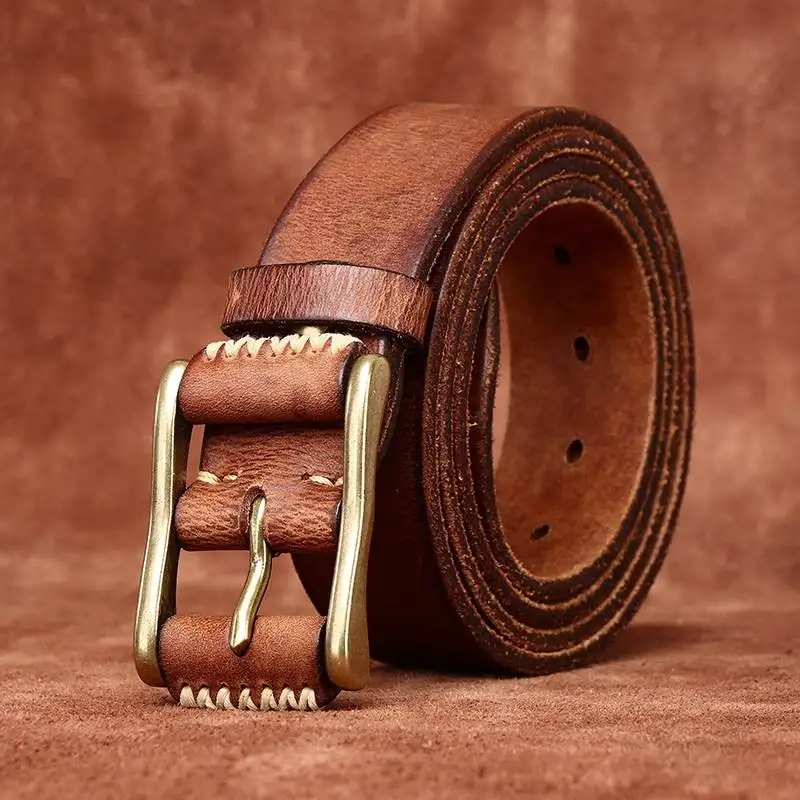 Washed retro and old belt men's fashion personalized leather first layer pure cowhide copper buckle denim overalls belt