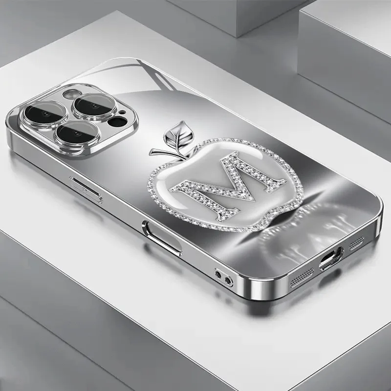 

Silver Letter M For Apple Pattern Electroplated Phone Case For Samsung Galaxy S25 S24 S23 Ultra Plus FE Tempered Glass Cover