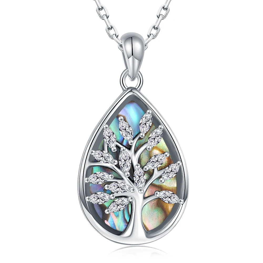 Teardrop Abalone Shell Necklace 925 Stering Silver Tree of life Pendant With CZ Jewelry For Women Mothers Day Christmas Gifts