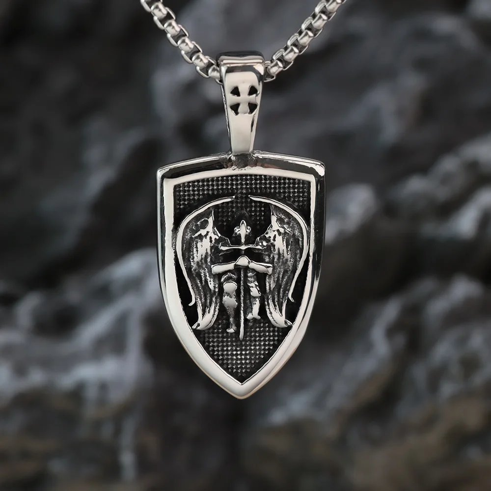 قلادة رئيس الملائكة الفولاذية 316L - قلادة سانت مايكل للرجال، مجوهرات تميمة كاثوليكية، إكسسوارات دينية هدية المعمودية العتيقة