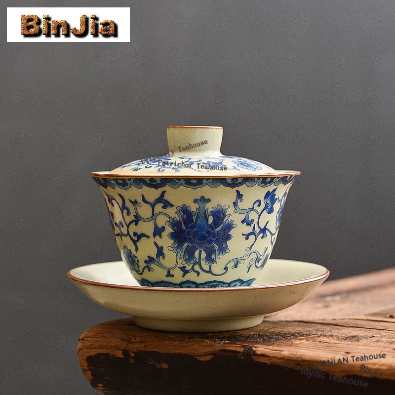 

150ml Yellow Ru Kiln Flower Gaiwan Cup Teatop Luxury Tea Tureen Tea Bowl With Lid Kit Tea Brewing Cover Bowl Tea Item Collection