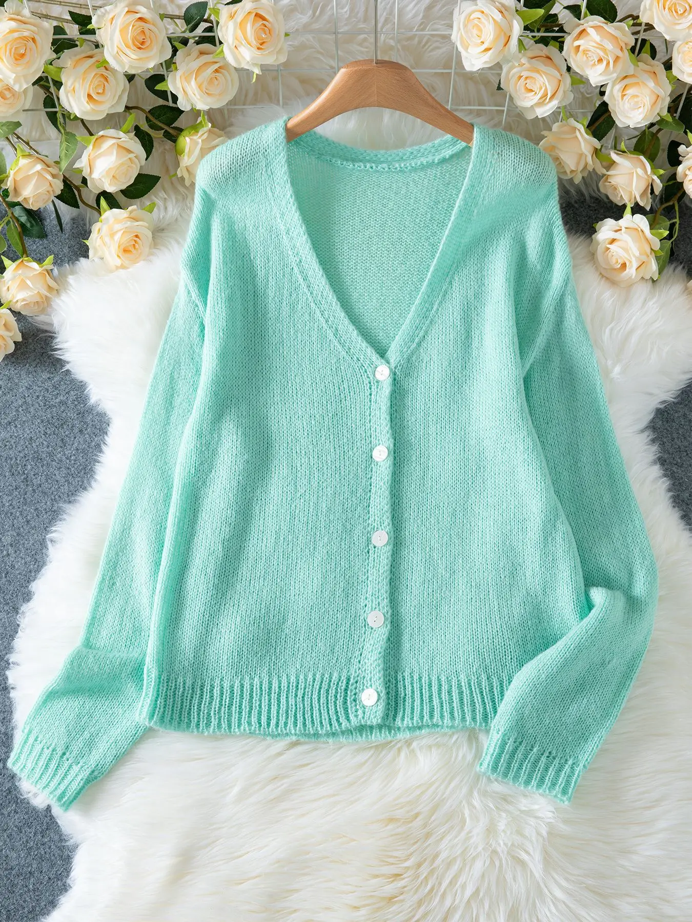 

Solid Color Deep V-Neck Button up Cardigan Knitted Sweater Jacket Casual Long Sleeve Women's Fashion Outerwear