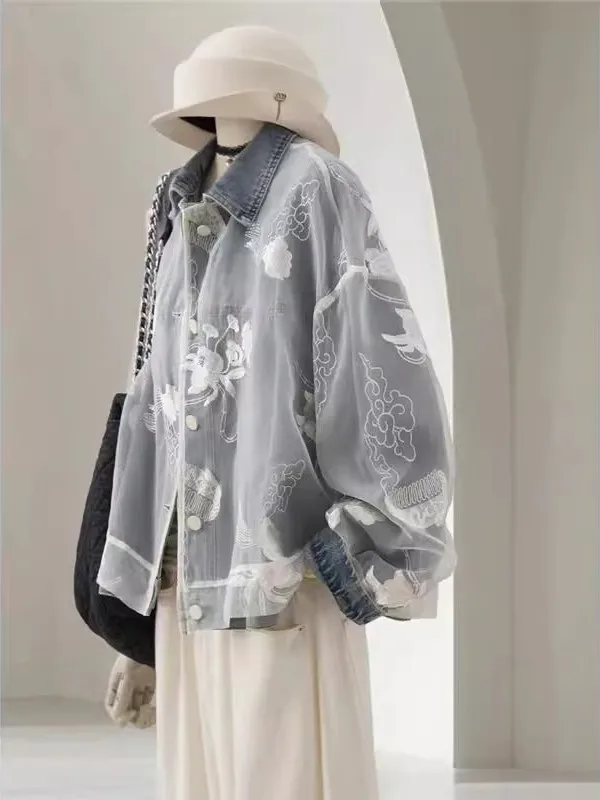 플러스 사이즈 300 포우 자수 패치워크 데님 재킷 여성용 루즈핏 트렌디 버전 가을 겨울 아우터 코트