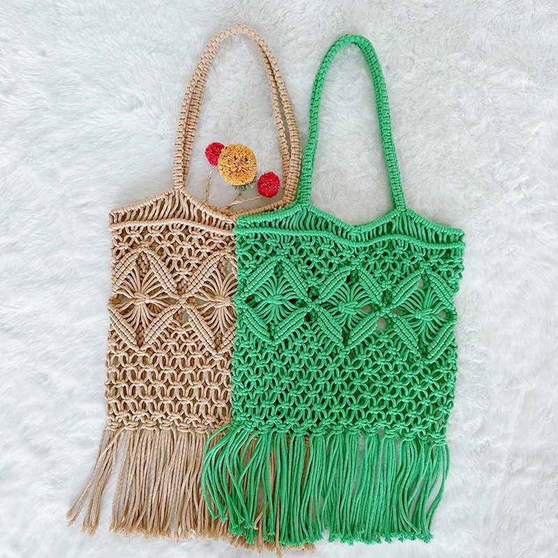 2024Handmade Tassel Cotton Thread Crochet Women's Shoulder Bag Bohe Bolsos Feminine Mesh Rope Weaving Tote Bag Summer Beach Bag