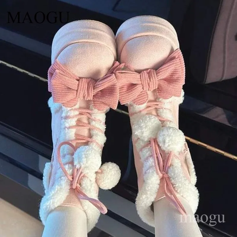 Süße Mädchen-Lolita-Stiefeletten, kniehoch, für Herbst und Winter, niedliche Damen-Schneestiefel mit Plüschfutter, warm, mit Keilabsatz, 7 cm, schuhverhöhte Sohle.
