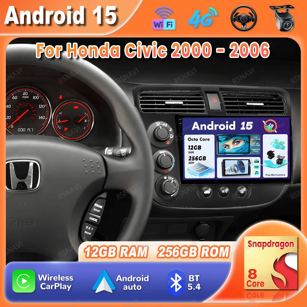 

Автомобильный радиоприемник Android 15 для Honda Civic 2000-2006 Мультимедиа 5G WIFI Навигация GPS Viedo Player DSP BT Qualcomm 4G LTE Стерео