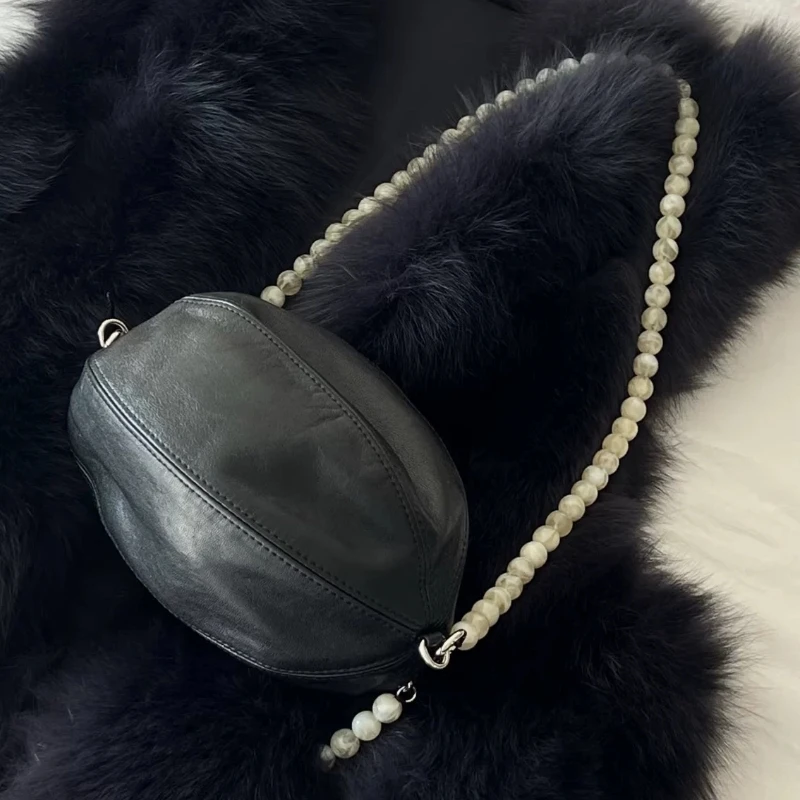 2026 New Genuine Leather Women's Shoulder Bag Trend Beaded Handle Single Shoulder Bag Fashionable Oval Shape Crossbody Bag