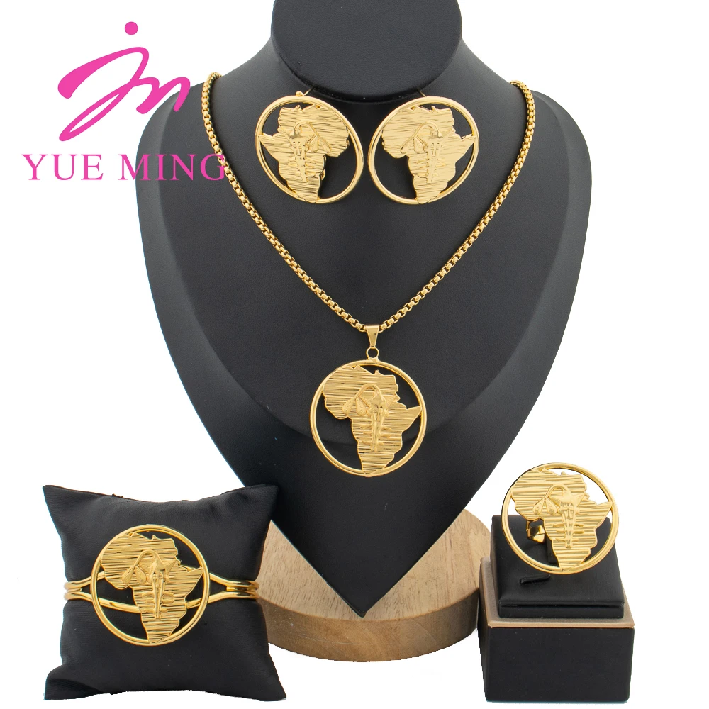 

YM Jewelry Set Africa Map Earrings Irregular Design Pendant for Wedding Necklace Gold Color Cuff Bangles Ring Jewellry Accessory