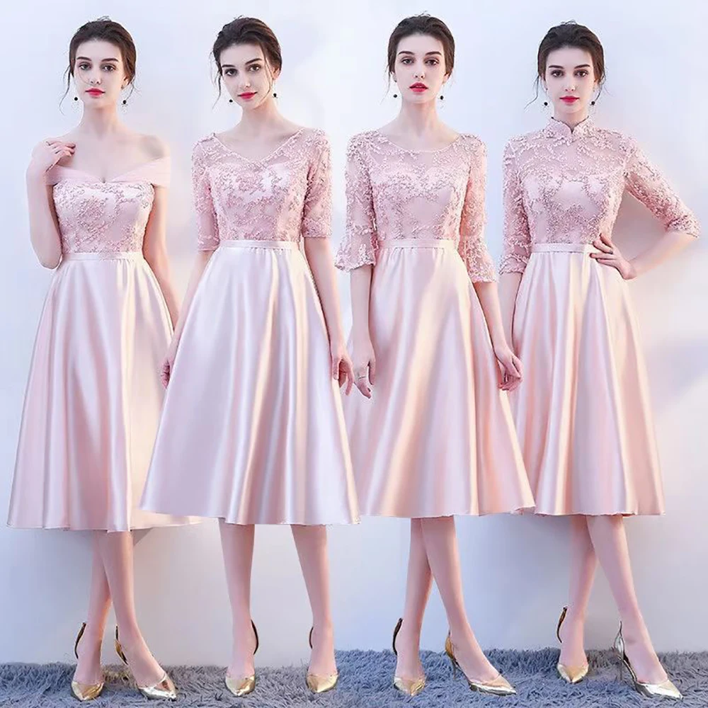 Wedding Party Pink Bridesmaid Dress Mid Length Grey Slim Sisters Evening Dress Ceremony Graduation Chorus Performance Dresses