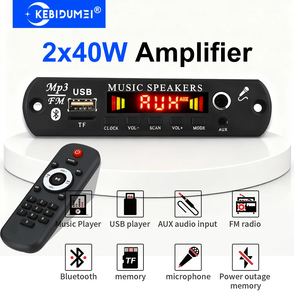 

80W Amplifier Bluetooth MP3 Decoder Board 2*40W HiFi Stereo Audio Player 7V-18V DIY MP3 Player Car FM Radio Module TF/USB/Mic