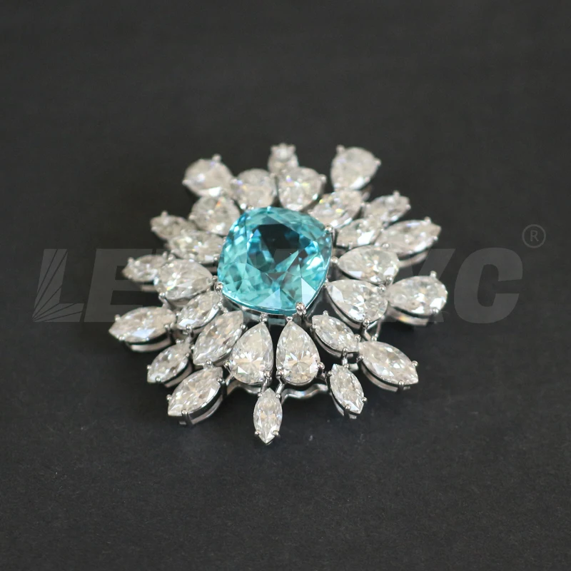 

22ct Lab Grown Sapphire Aquamarine Brooch S925 Silver