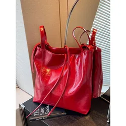 Casual Soft PU Large Capacity Bag Red Patent Leather Handbag For Women 2025 New Fashion Crossbody Bags Shoulder Tote Bucket Pack