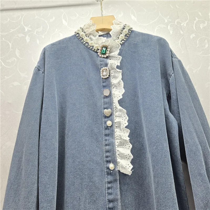 Frühling Frauen Mode Perlen Diamant Spitze Patchwork Denim Hemd Jacke Stehkragen Einreiher Langarm Jeans Jacke Mantel