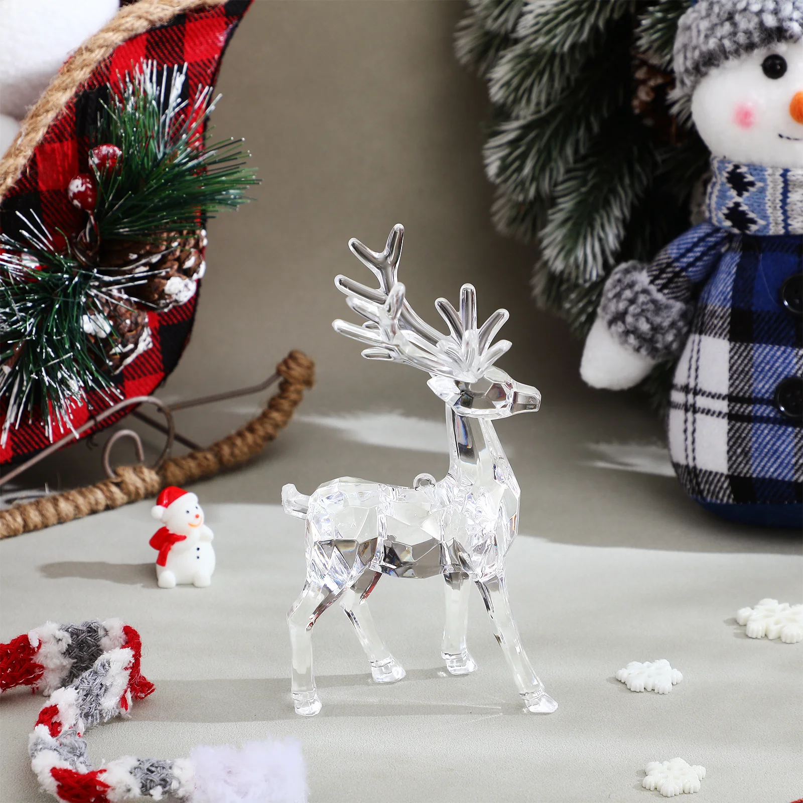 

2Pcs Lovely Elk Sculpture Clear Acrylic Christmas Decor Miniature Table Ornament Festive Living Room Photography Prop Gift