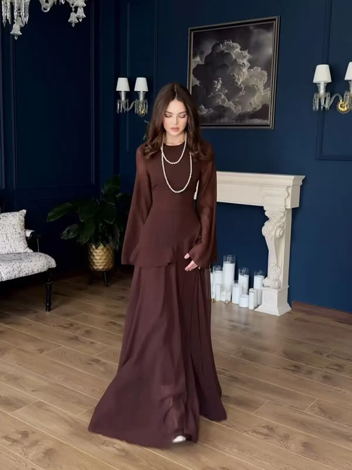 กระโปรงทรงเอเอวสูงผ้าโพลีเอสเตอร์ แขนยาว แต่งลูกไม้ผูกเชือก