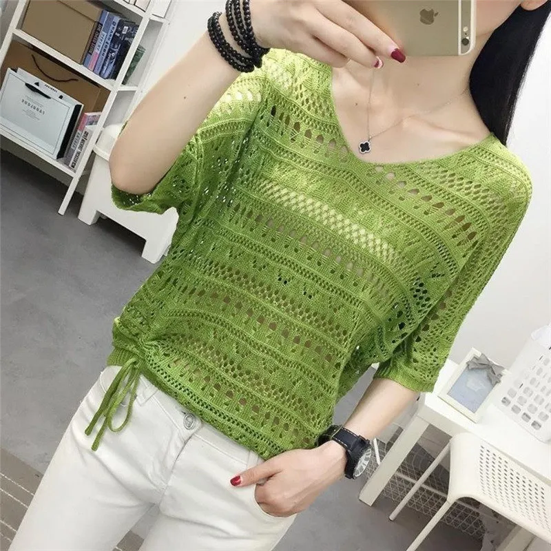 Summer Fashion Women\'s Sexy V Neck Hollow Out Bat Sleeve Knitwear Casual Loose Solid All Match Pullover Knit Smock Top Sweater