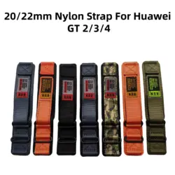 Dual-loop buckle nylon straps in 20mm and 22mm for Huawei GT2/3 46mm, Watch3, GT2 Pro, GT2e, Magic2, featuring versatile styles.