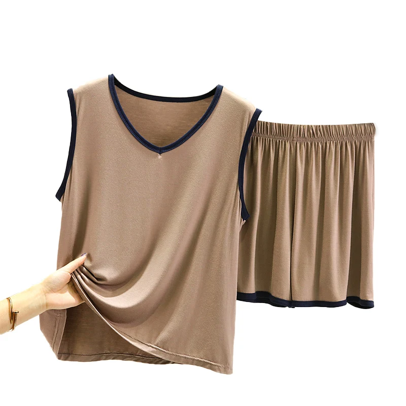 Conjunto de regata modal solta feminino verão tamanho grande spwear camada base fina alça irt orts conjunto de duas peças cor pura versátil