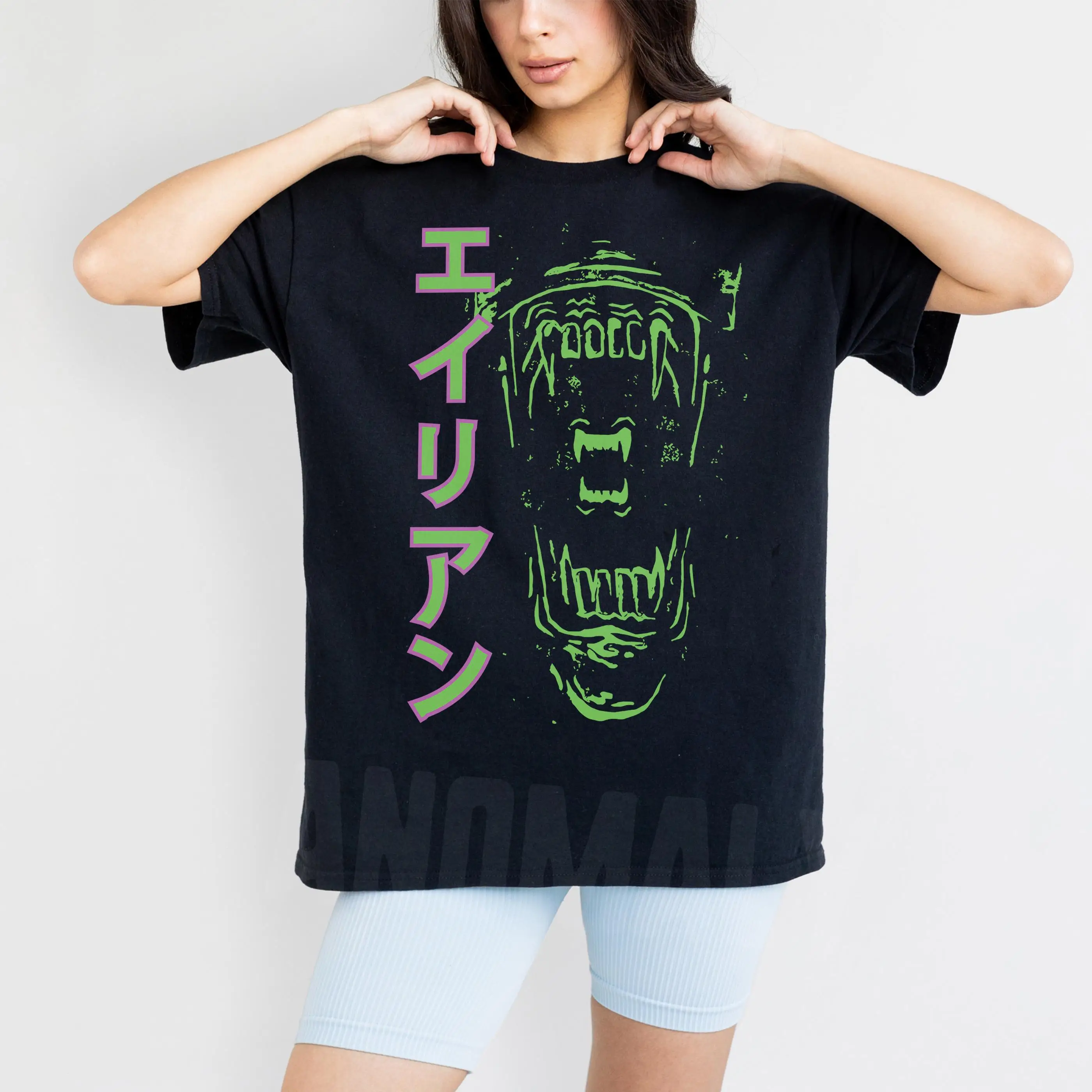 2026 Alien Japanese Text Skull Graffiti Print Short Sleeve Tee Loose Fit Dark Streetwear Top Wear For Hip Hop Lovers