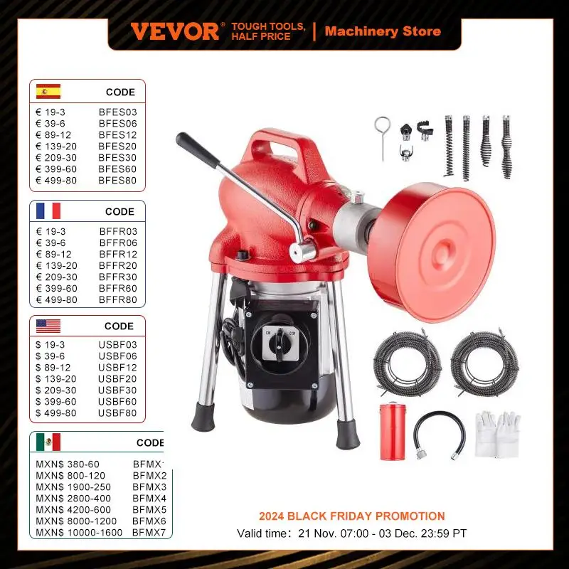 VEVOR Drain Cleaner Machine 370W/250W Electric Sewer Snake Auger Manual Feed Tube Pipe Cleaning Tool Dredge Machine for Homeuse