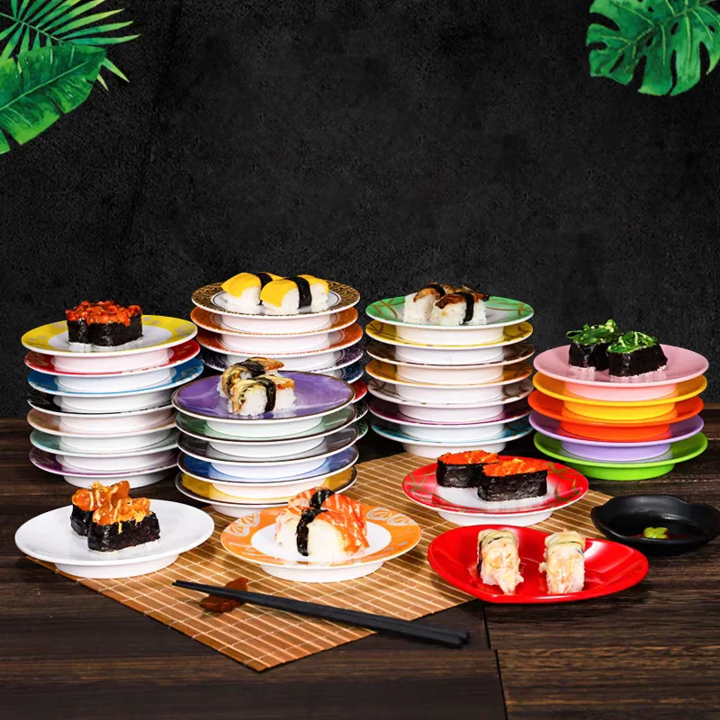 

120pcs Japanese Food Melamine Dish Rotary Conveyor Belt Salmon Sushi Train Restaurant Plate Round Colorful Serving Tool
