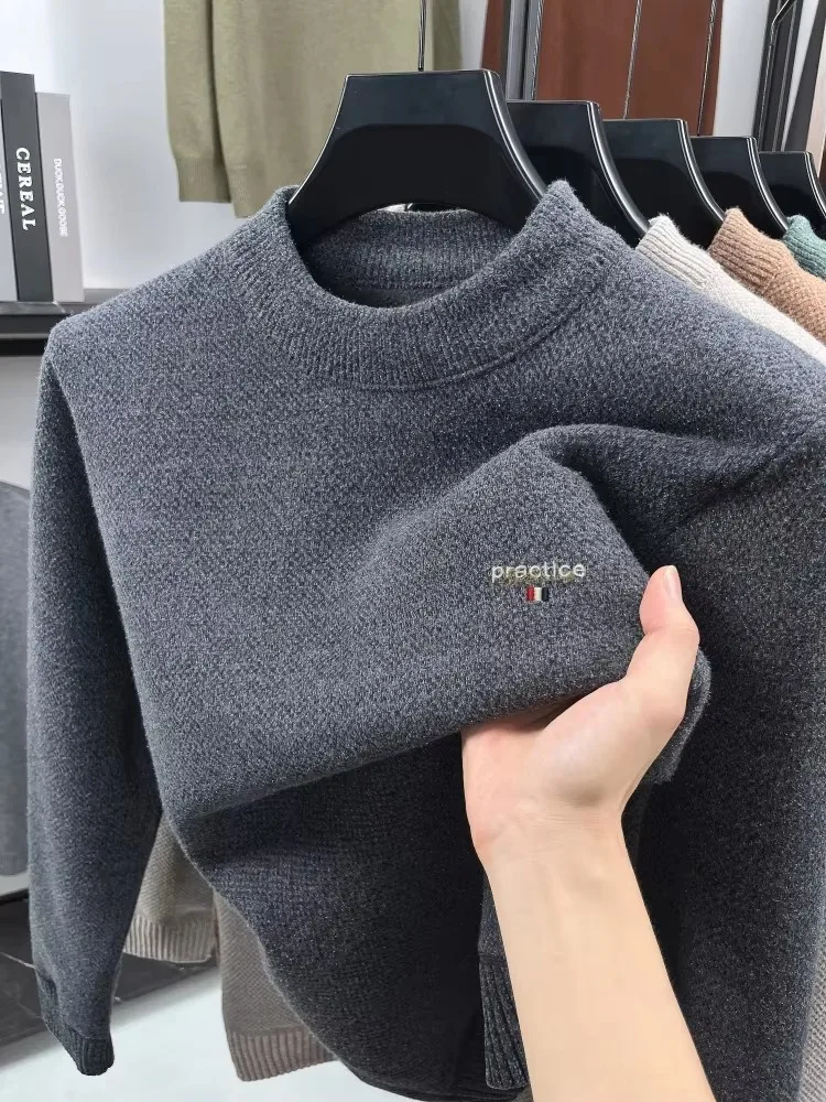 

High quality plush thick men's sweater fashion brand letter embroidery winter warm round neck Korean casual knitted pullover