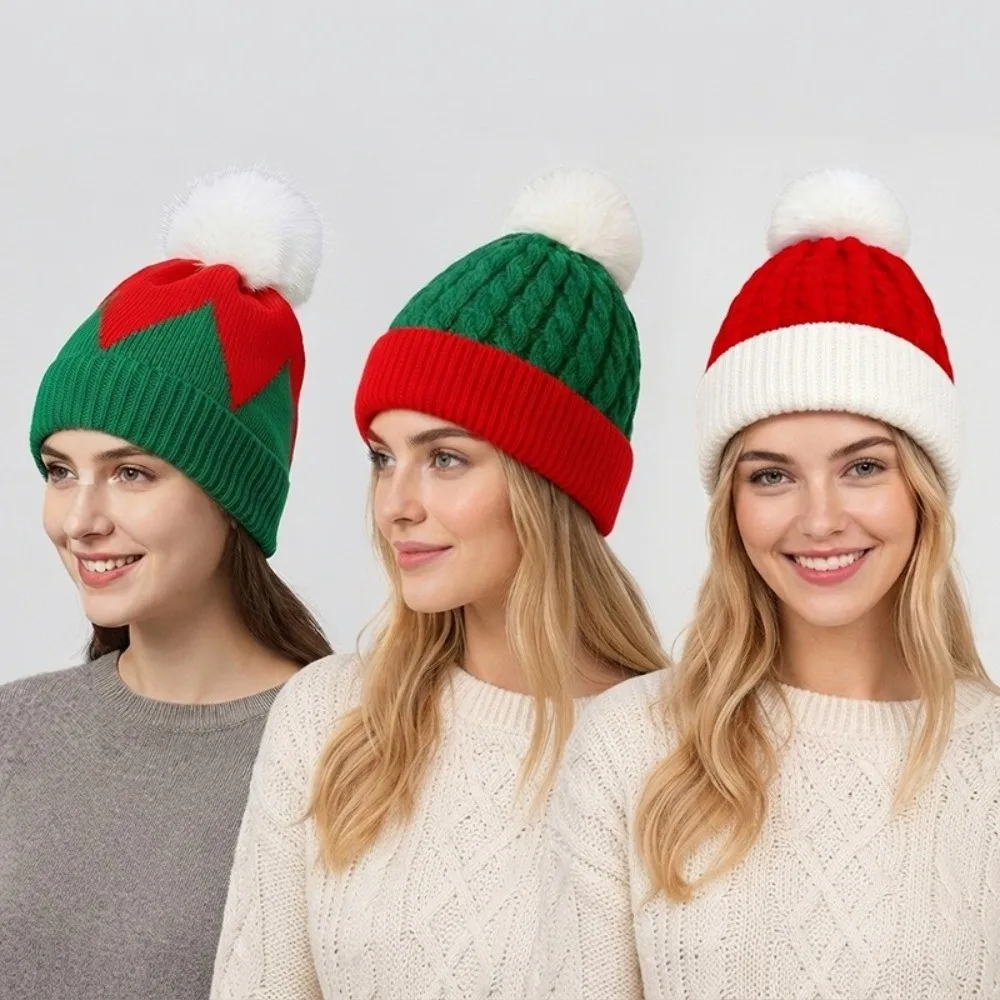 Leisure Merry Christmas Hat Christmas Knitted Hat Warm Crochet Santa Beanie Hat Korean Style Green Red Striped Hat Adult