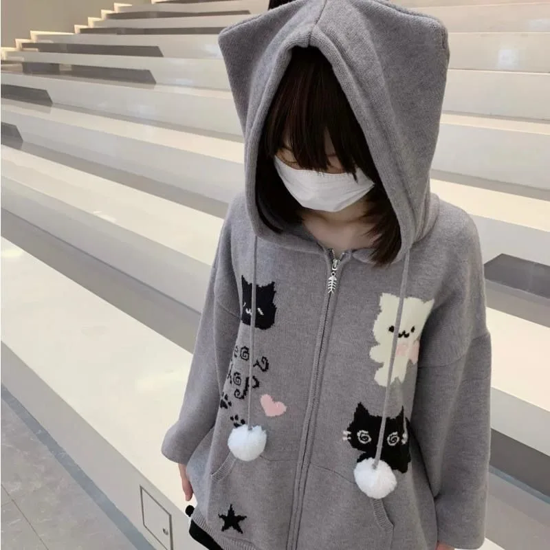 Japanese Kawaii Cat Cartoon Print Knitwear Autumn New Subculture Gray Long-sleeved Hoodie Preppy Style Womens Sweet Cute Outwear