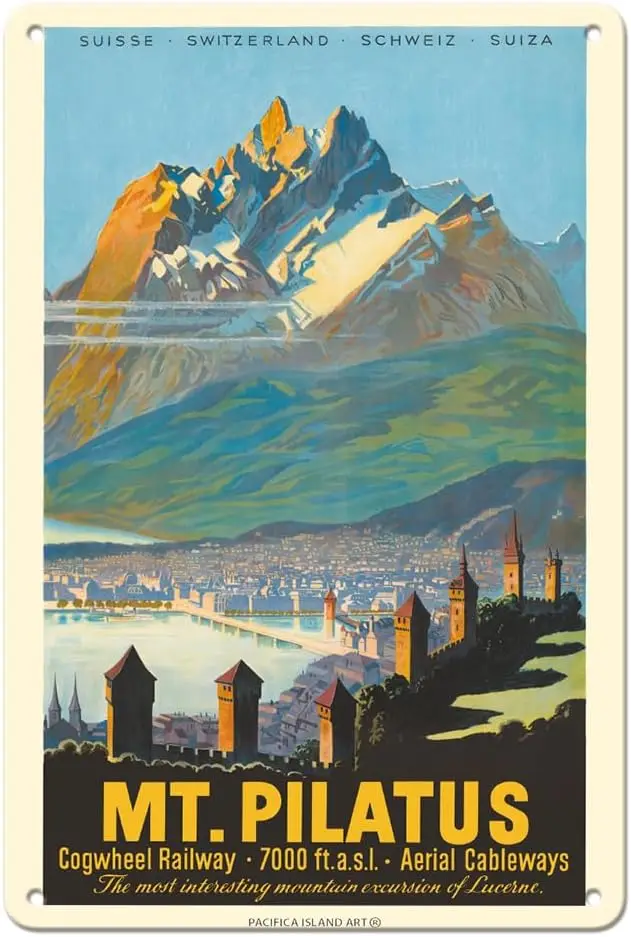 Pacifica Island Art Mt. Pilatus - Lucerne Switzerland - Cogwheel Railway - Vintage Railroad Travel Poster c.1958-8 x 12 inch Vin