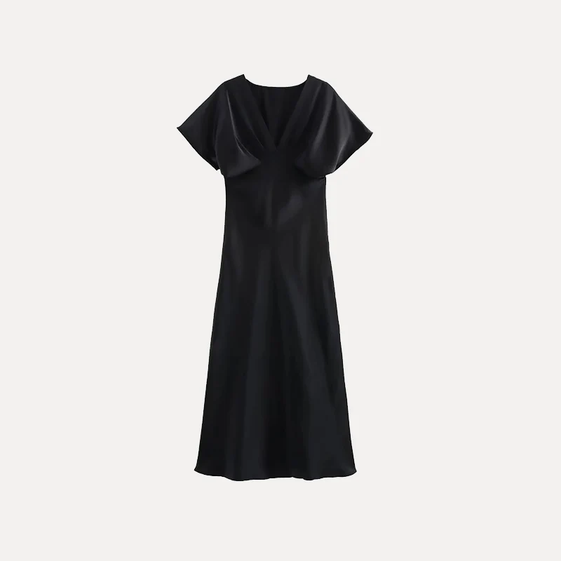 Wiosenna damska sukienka midi z dekoltem w serek, dopasowana, z jedwabiu satynowego, z włókna poliestrowego 00%.