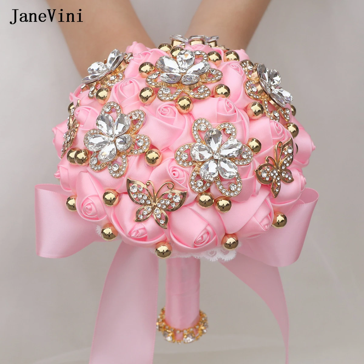 

JaneVini New Golden Crystal Beaded Pink Bridal Bouquets Handmade Satin Roses Fake Bouquet Flowers Wedding Accessories for Brides