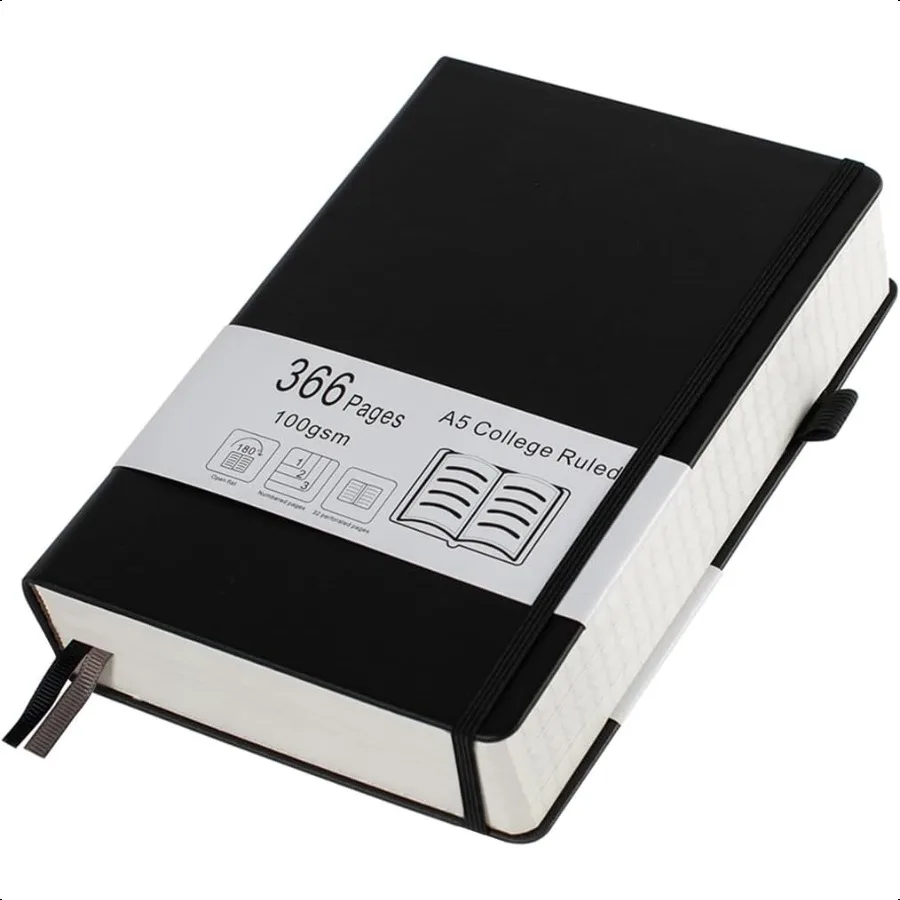 دفتر ملاحظات سميك مسطر للكلية مع 366 صفحة مرقمة ومجلات A5 للكتابة مع دفتر ملاحظات جلدي مبطن بالورق 100GSM