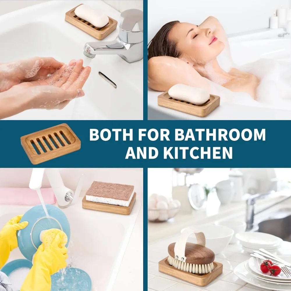 Teak Wood Soap Dish, 2 Pack Waterproof Self Draining Soap Dish - Natural Wooden Bar Soap Holder for Bathroom and Kitchen