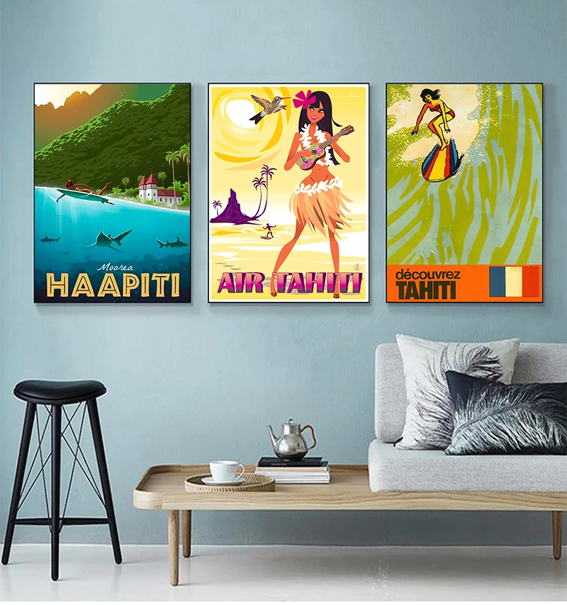 Surfing at Polynesia Tahiti Summer Holiday Canvas Painting Vintage Pictures Kraft Posters Coated Wall Stickers Home Decor Gift