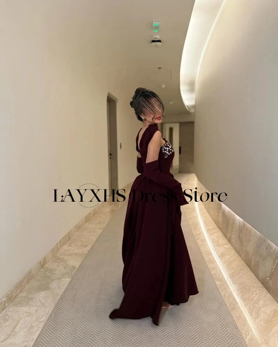 LAYXHS Luxury Dark Red Strapless Evening Dresses A-Line Beaded Floor-Lenght Pleat Prom Dresses Customized فساتين سهره