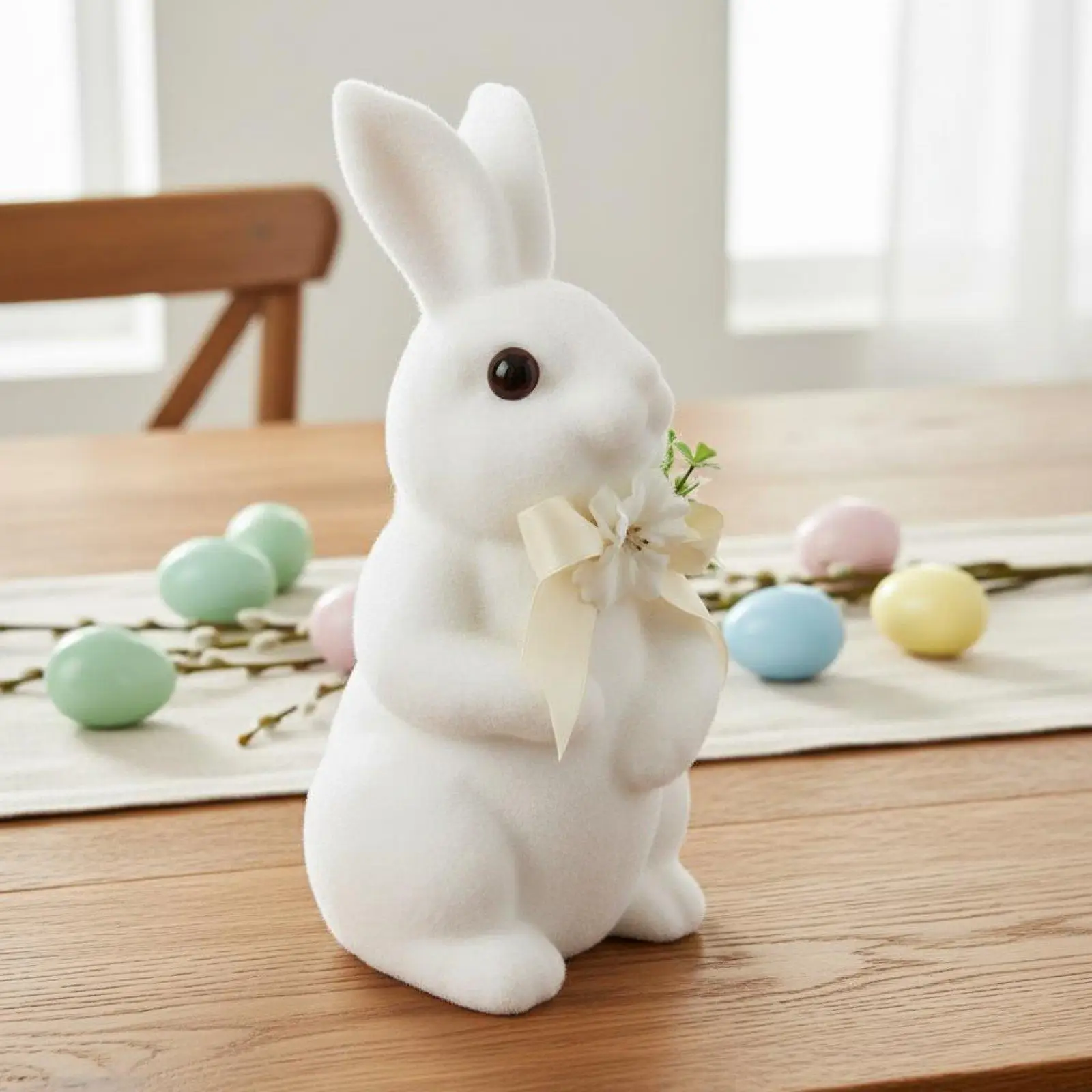 Flocking Rabbit Statue with Artificial Flower Decorative Bunny Plush Figurine Table Ornaments for Easter Home Garden Accent