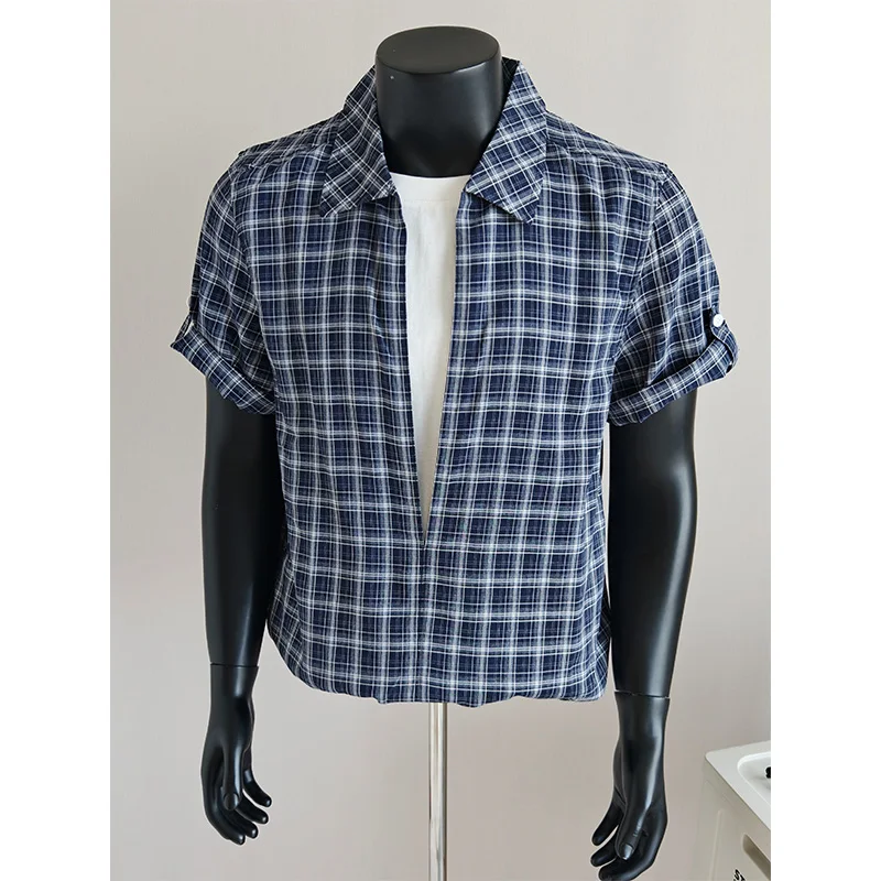 Summer Fake Two Checkered Shirts for Men Trendy Retro Short Sleeved Casual Shirt Social Party Streetwear Shirts Men Clothing