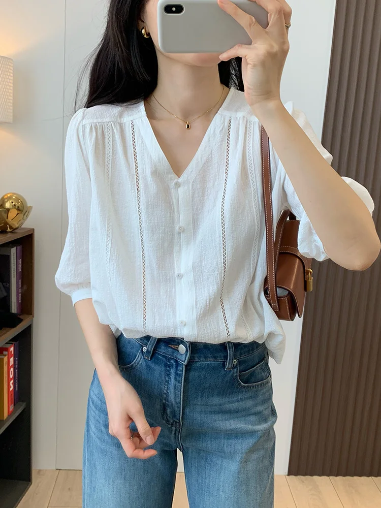 

Elegant V-neck Cotton Shirt Breathable Embroidered Hollow out Texture Five-quarter Sleeve Top French Style Women's Busi...