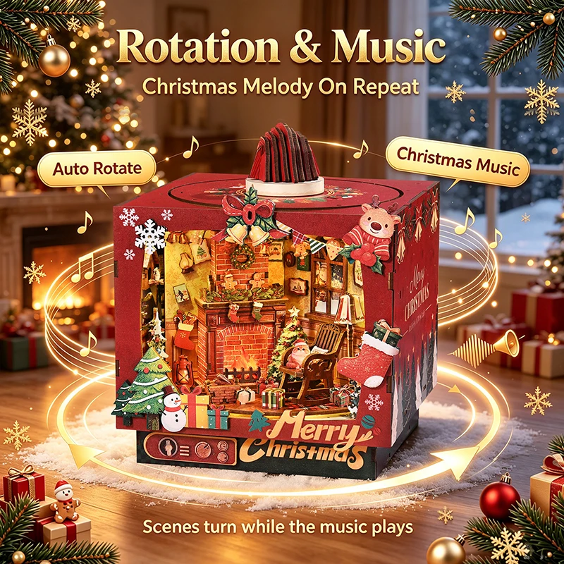 DIY 3D Wooden Christmas Music Box Cottage Jigsaw Puzzles Miniature Model Kits Puzzles for Friends Girls Birthday Gifts