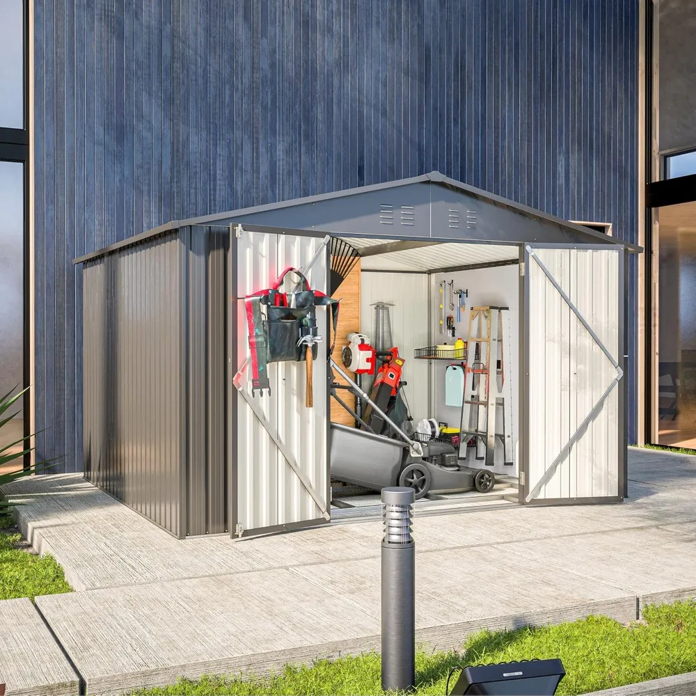 

10x8 FT Outdoor Storage Shed with Lockable Double Doors, Aluminum Frame, Weatherproof with Frame Floor, Metal Tool Shed