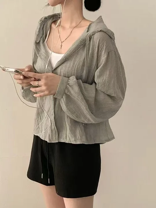 

Женская летняя одежда свободного покроя Long Sve Sun Protection irt, повседневная легкая однотонная верхняя одежда с капюшоном Lazy Sle